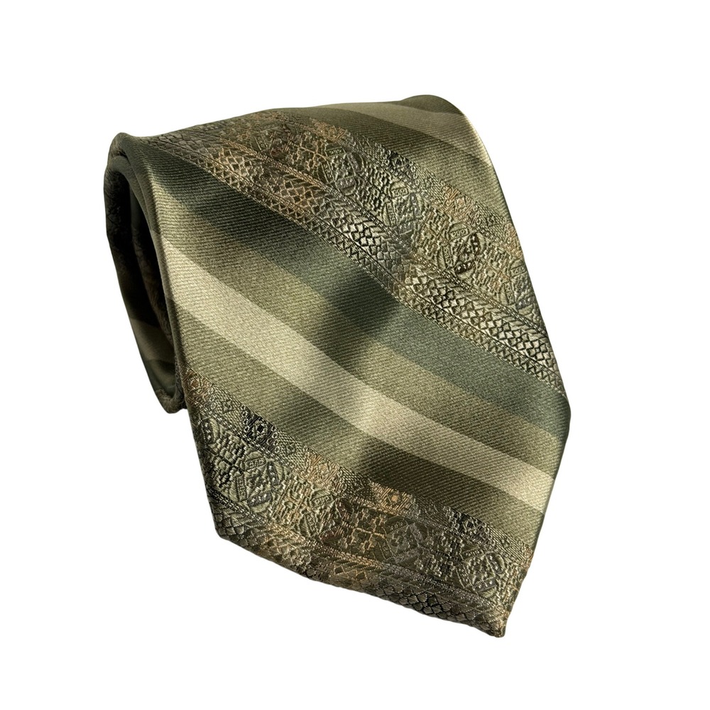 Stafford Necktie Green Striped Geometric Medallion Silk Formal Business Mens OS